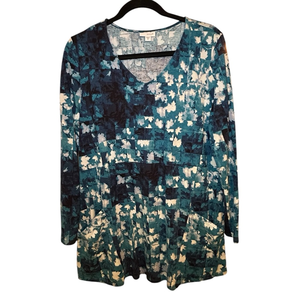 J.Jill Pure Jill Teal Geo Long Sleeve V-Neck Pocket Tunic Size XL